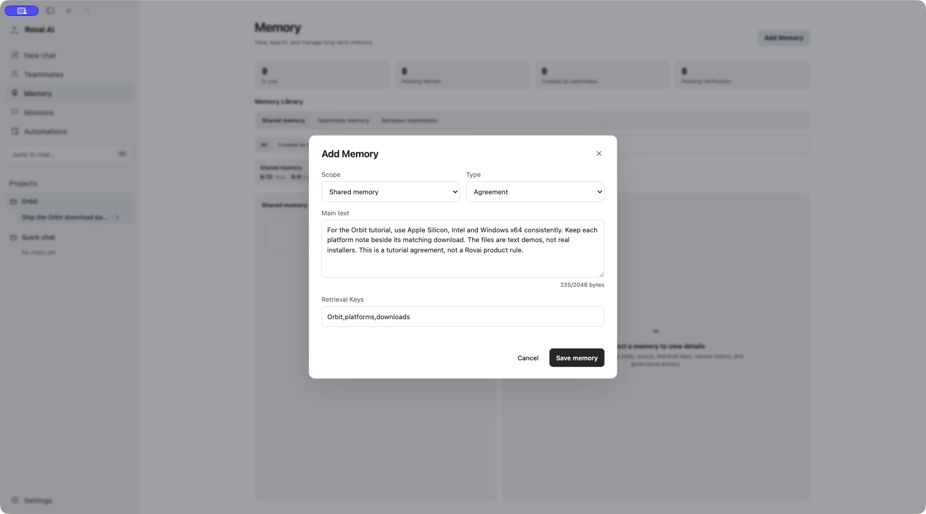 The actual editor is filled with a project-specific agreement and retrieval keys.