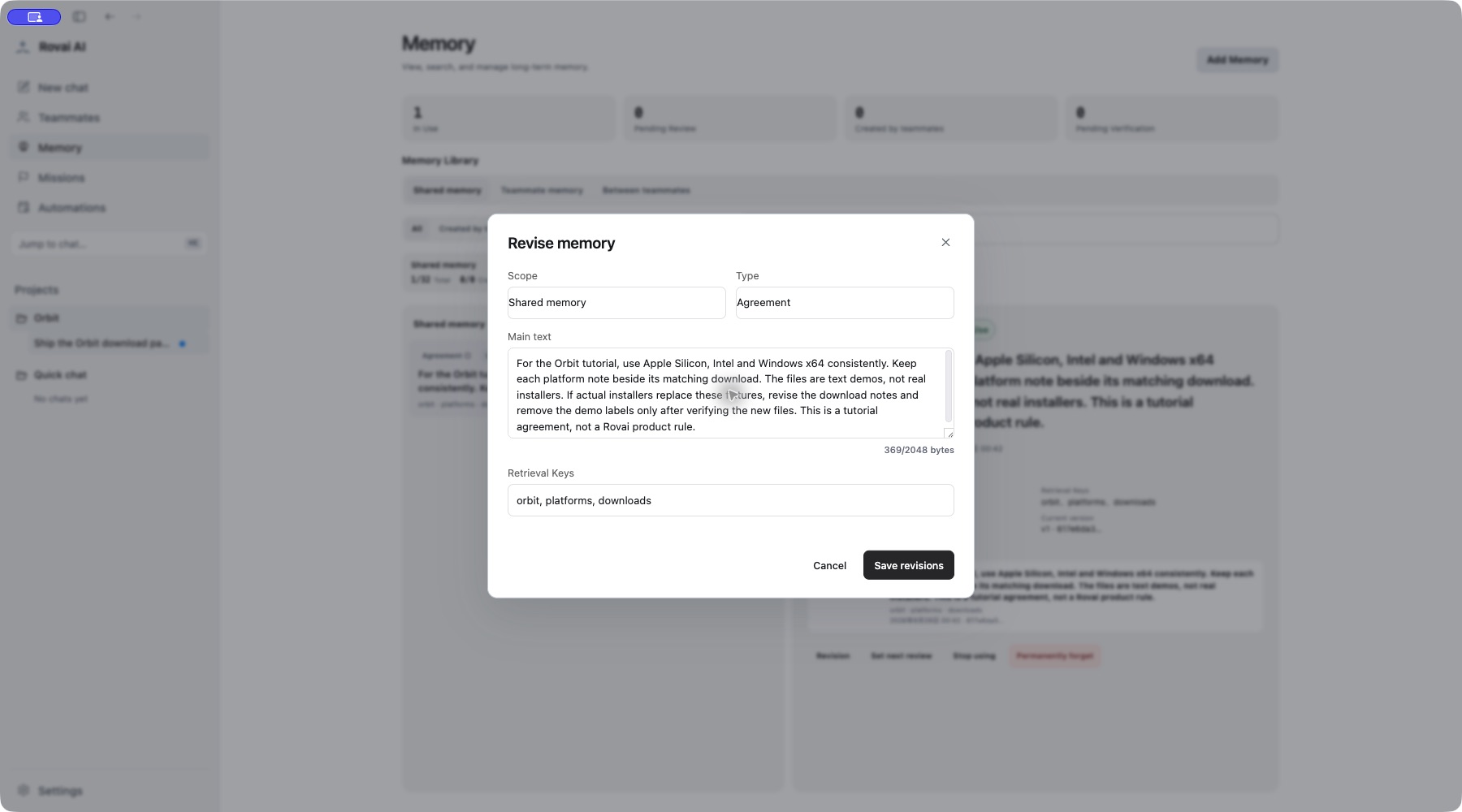 The example revision explains what to update if real installers replace the tutorial fixtures. Scope and type stay locked in this revision editor.