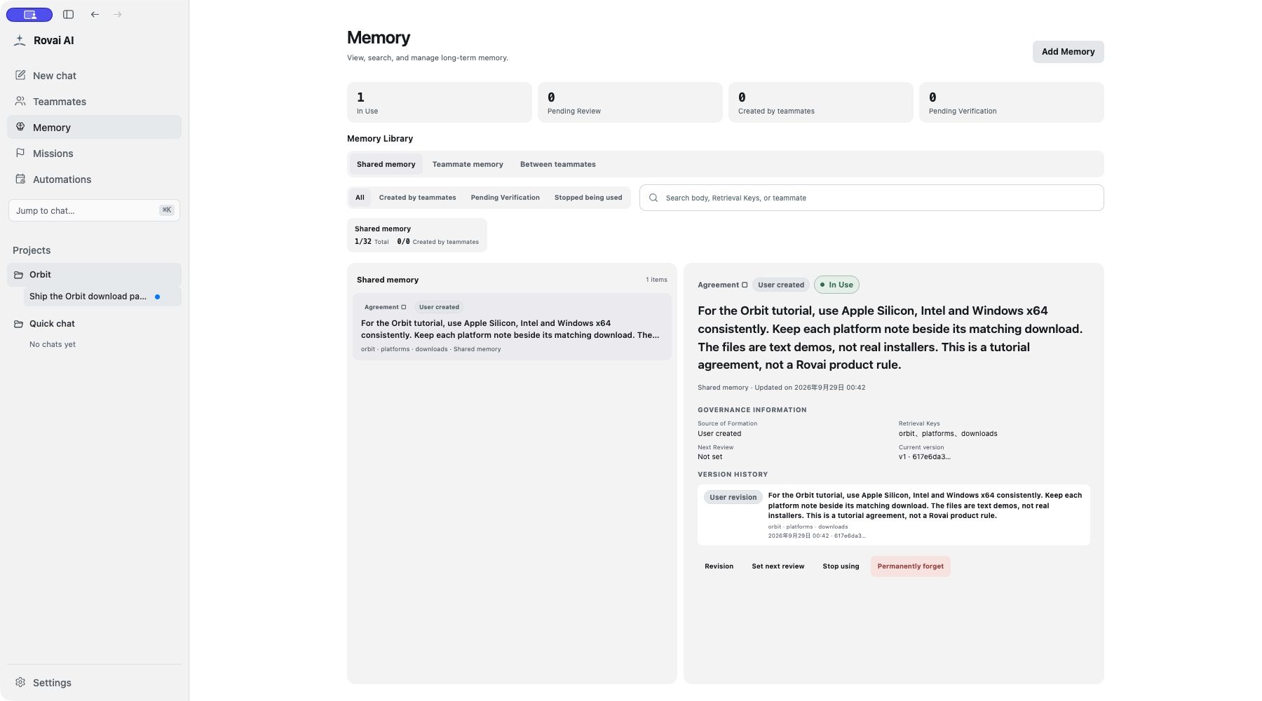 The saved detail shows User created, the active body and version history. This example was added by the user, so it does not pretend to be an automatically captured candidate.